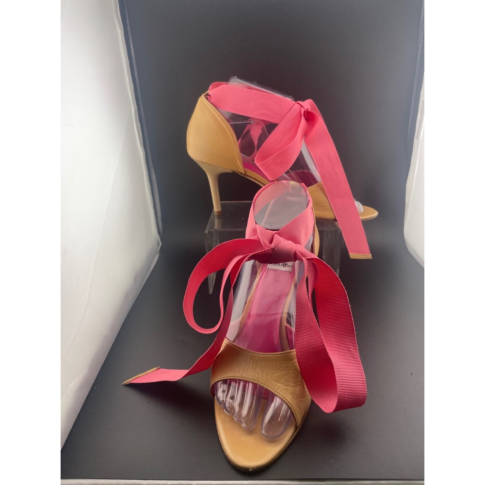 Eugenia Kim Nude Leather Ribbon Lace Up Heels Pink Grosgrain Sandals sz 37 6.5 7
